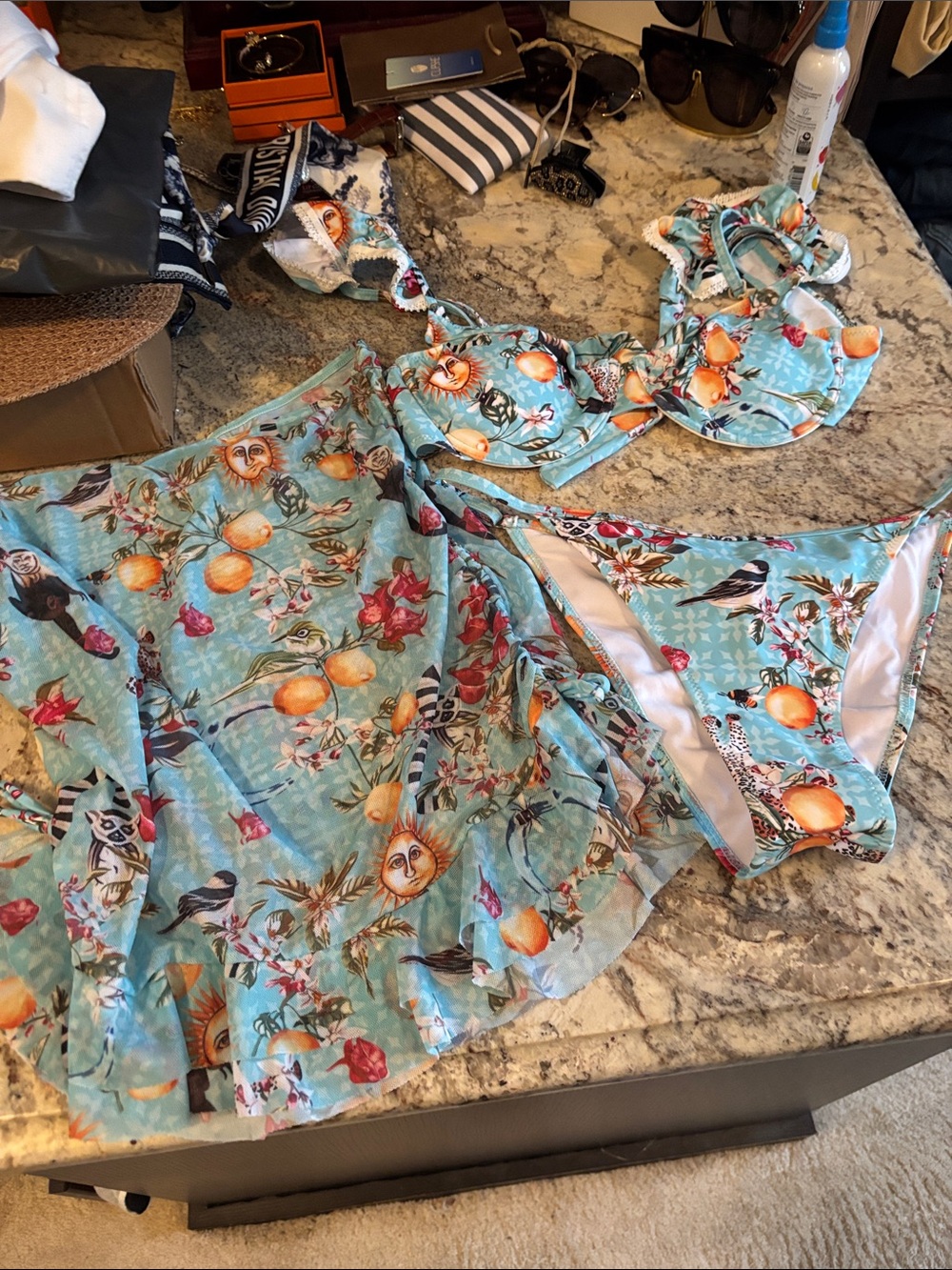 Turquoise Fruit & Bird Print Bikini Set with Matching Cover-Up squirt